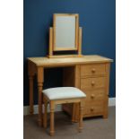 Pine four drawer pedestal dressing table with swing mirror and stool, W99cm, H77cm,