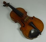 Early 20th Century Child's violin, labelled 'Dulcis et Fortis' one piece figured back, with bow,