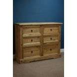 Large rustic pine six drawer chest, W133cm, H102cm,