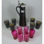 Paul Kruft German salt glaze ewer and beaker set and 6 cranberry glasses Condition