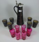 Paul Kruft German salt glaze ewer and beaker set and 6 cranberry glasses Condition