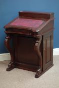 Victorian style mahogany sloped top davenport, cupboard, hinged top with pen tray,