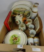 Limoges Hunting flask and four beakers, three piece hunting tea set, similar plate, fishing plate,