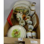 Limoges Hunting flask and four beakers, three piece hunting tea set, similar plate, fishing plate,