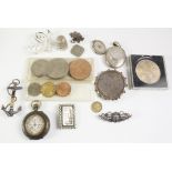 Swiss silver pocket watch stamped 935, Victorian crown brooch and others,