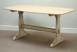 Ercol 'Windsor' elm refectory dining table, on painted stretcher base, 150cm x 78cm,