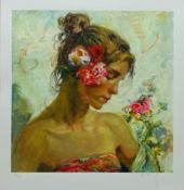 Portrait of Girl with Flower Hair Piece, limited edition serigraph no.