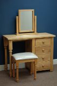 Pine four drawer pedestal dressing table with swing mirror and stool, W99cm, H77cm,