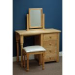 Pine four drawer pedestal dressing table with swing mirror and stool, W99cm, H77cm,