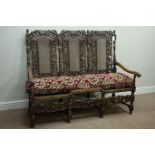 Early 20th century heavily carved Carolean style three seat settee settle,