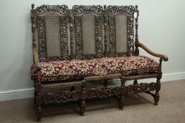 Early 20th century heavily carved Carolean style three seat settee settle,