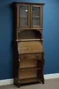 Early 20th century oak bureau bookcase with lead glazed doors, W75cm, H188cm,