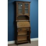 Early 20th century oak bureau bookcase with lead glazed doors, W75cm, H188cm,