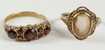 Early 20th century ring set with seven garnets hallmarked and a cameo ring hallmarked 9ct