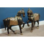 Pair of mid 20th Century carved wood Persian/ Arabian horses with brass and copper detail H64cm