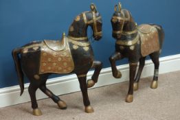 Pair of mid 20th Century carved wood Persian/ Arabian horses with brass and copper detail H64cm