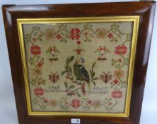 Victorian woolwork sampler worked by Mary Partington Aged 12 years 1849 in rosewood frame,