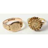 Rose 9ct gold signet ring and a mexican coin 9ct gold ring both hallmarked approx 6.