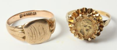 Rose 9ct gold signet ring and a mexican coin 9ct gold ring both hallmarked approx 6.