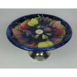 Moorcroft Wisteria and Plum pattern tazza with silver plated stand,