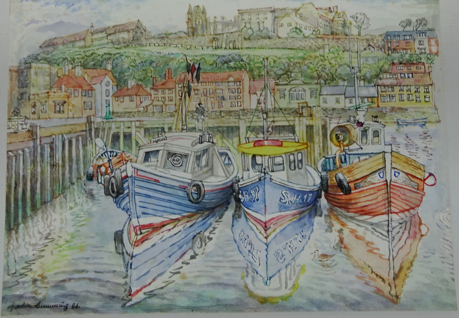 'Cobles & Bridge at Whitby' and doubled sided 'Whitby Inner Harbour. - Image 4 of 4