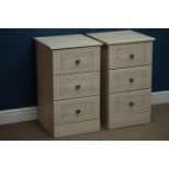 Pair wood finish three drawer bedside chests, W43cm, H74cm,