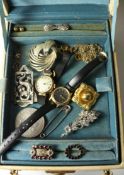 Jewellery case containing Victorian and later jewellery including gold mourning brooch tested to