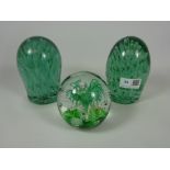 Two Victorian glass dumps with bubble design H14cm and one other paperweight (3)