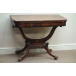 George III mahogany swivel fold over baize lined top card table, lyre shaped support,