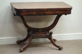 George III mahogany swivel fold over baize lined top card table, lyre shaped support,