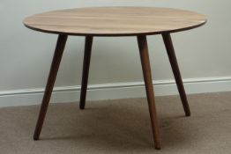 Circular walnut dining table raised on tapering legs, D120cm,