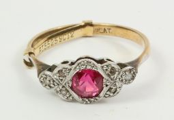 Early 20th century ruby and diamond ring stamped 9ct plat Condition Report <a