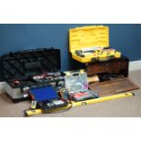 Stanley tool box and three other tool boxed with various tools and Faithfull multi-beam laser level