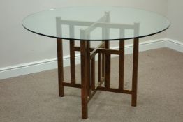 Contemporary circular glass top dining table on bronzed metal base, D120cm,