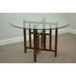 Contemporary circular glass top dining table on bronzed metal base, D120cm,