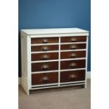 19th century painted ten drawer chest, mahogany drawer fronts, with brass drawer rollers, W94cm,