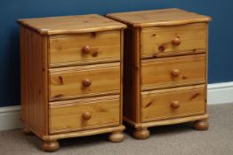 Pair pine three drawer bedside chests, W44cm, H58cm,