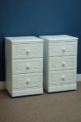 Pair white finish three drawer bedside chests, W46cm, H79cm,