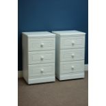 Pair white finish three drawer bedside chests, W46cm, H79cm,