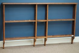 Arts & Crafts style oak wall hanging plate rack, W150cm,