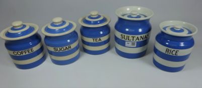 T.G Green Cornishware 'Sultanas' storage jar, Green & Co 'Rice' jar and three Cloverleaf T.