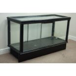 Early 20th century black painted glazed haberdashery shops display cabinet, W146cm, H88cm,