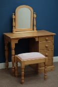 Pine pedestal dressing table, four drawers, mirror and stool, W92cm, H77cm,