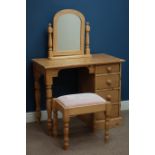 Pine pedestal dressing table, four drawers, mirror and stool, W92cm, H77cm,