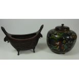 20th Century Chinese bronze oval incense burner and Cloisonne black ground ginger jar and cover (2)