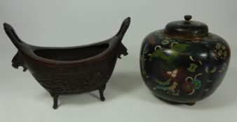 20th Century Chinese bronze oval incense burner and Cloisonne black ground ginger jar and cover (2)