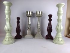 Large pair of green painted candlesticks, H50cm pair silver finish candlesticks,