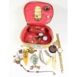 Victorian and later enamel and gilt lockets, stick pins,