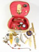 Victorian and later enamel and gilt lockets, stick pins,