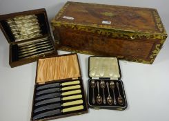 Victorian inlaid walnut writing box, Mappin and Webb silver plated teaspoons,